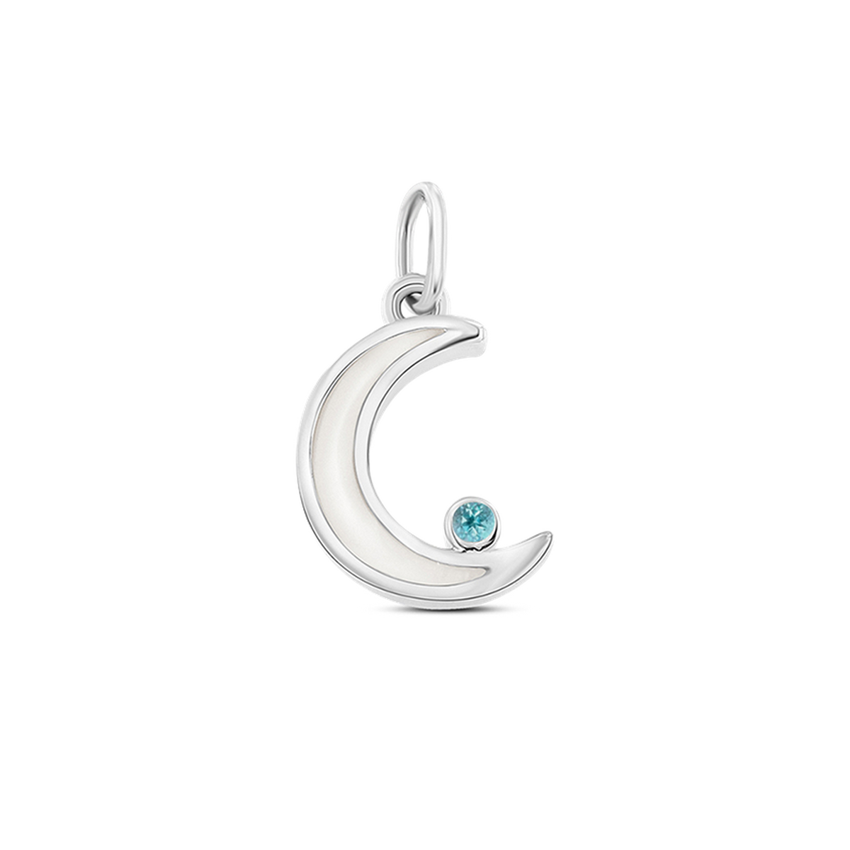Ayla crescent moon pendant in white gold filled with breast milk, with a bright blue topaz (December) at the tip