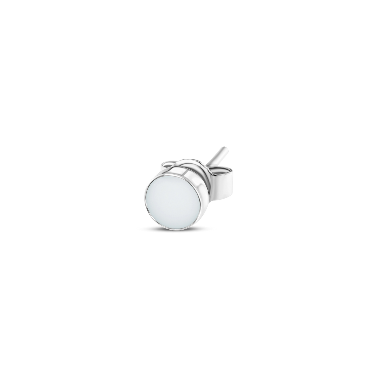 Single Mini Lis silver round stud earring with a flat breast milk stone and post