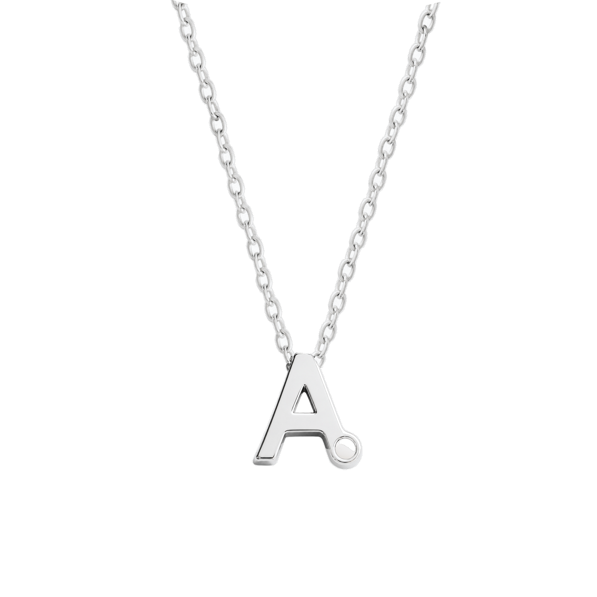Alix silver initial necklace, letter A with a small round breast milk stone at the bottom