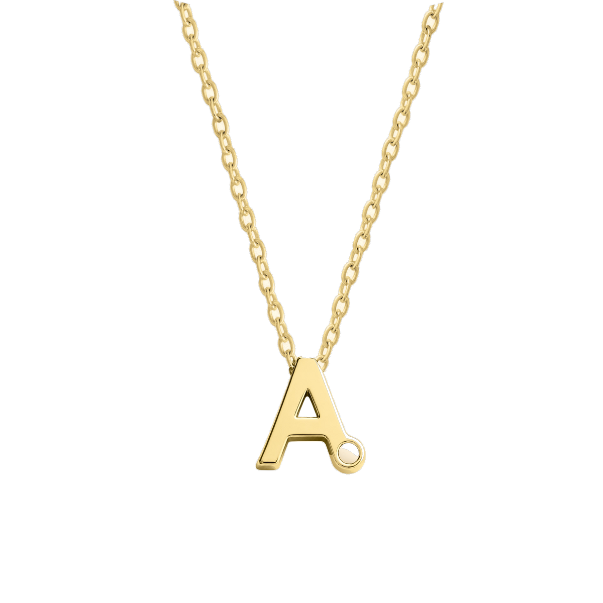 Alix yellow gold initial necklace, letter A with a small round breast milk stone at its foot