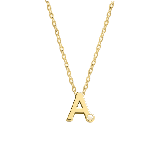 Alix yellow gold initial necklace, letter A with a small round breast milk stone at its foot