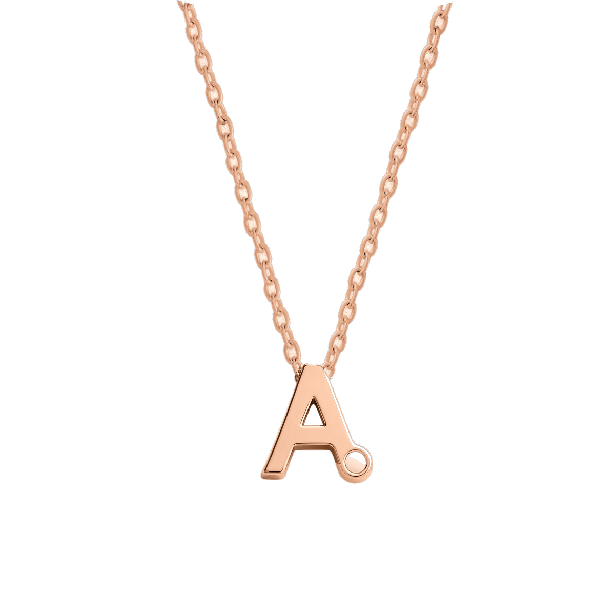 Alix rose gold letter A necklace with a tiny round breast milk stone on a fine chain