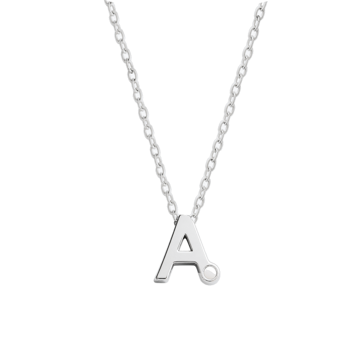 Alix white gold initial pendant, letter A with a round breast milk dot, on a cable chain