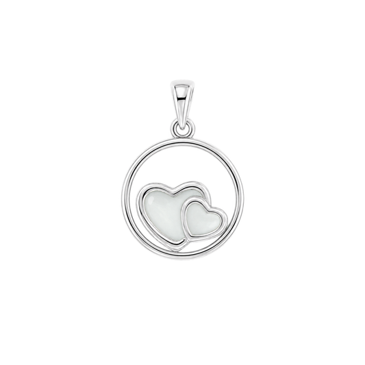 Silver Amélie pendant: an open circle with a large and a small heart-shaped breast milk stone