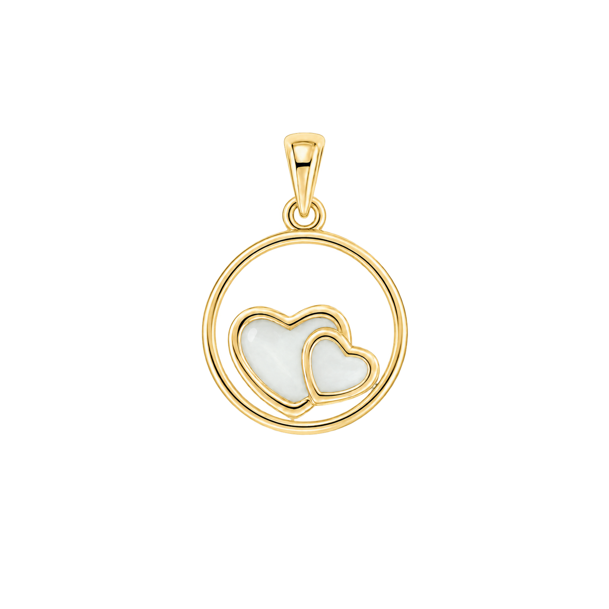 Amélie pendant in yellow gold: an open circle with a large and a small breast milk stone heart