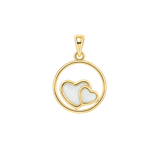 Amélie pendant in yellow gold: an open circle with a large and a small breast milk stone heart