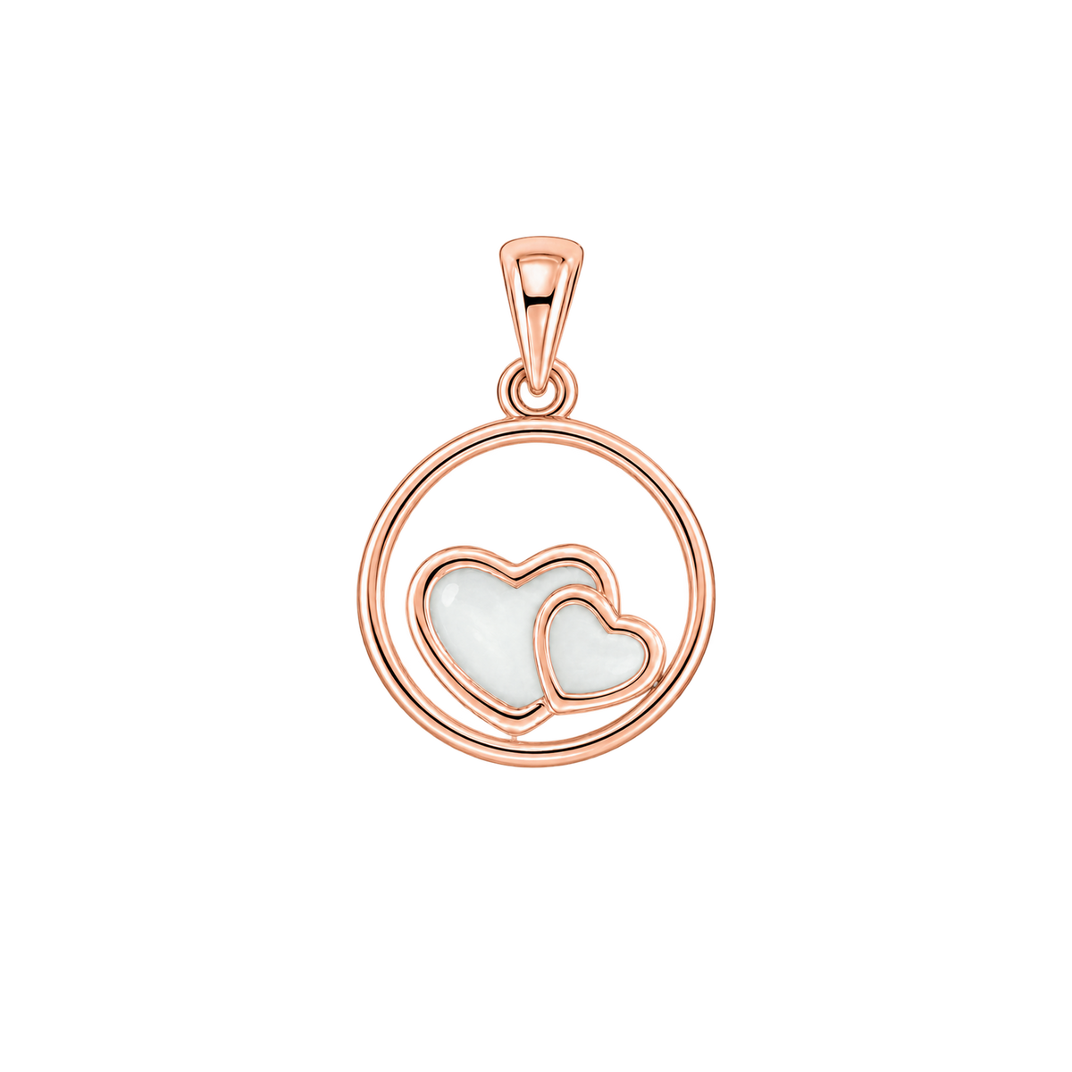 Amélie pendant in rose gold: an open circle with a large and a small breast milk stone heart