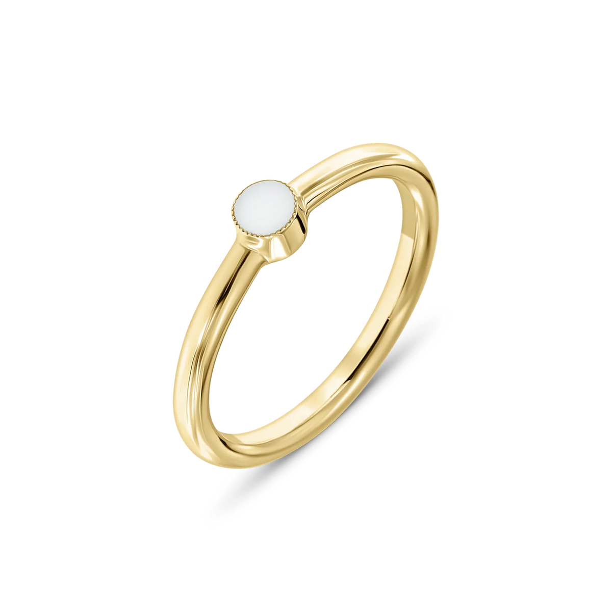 Amy breast milk ring in yellow gold with one small round milk stone in a beaded setting