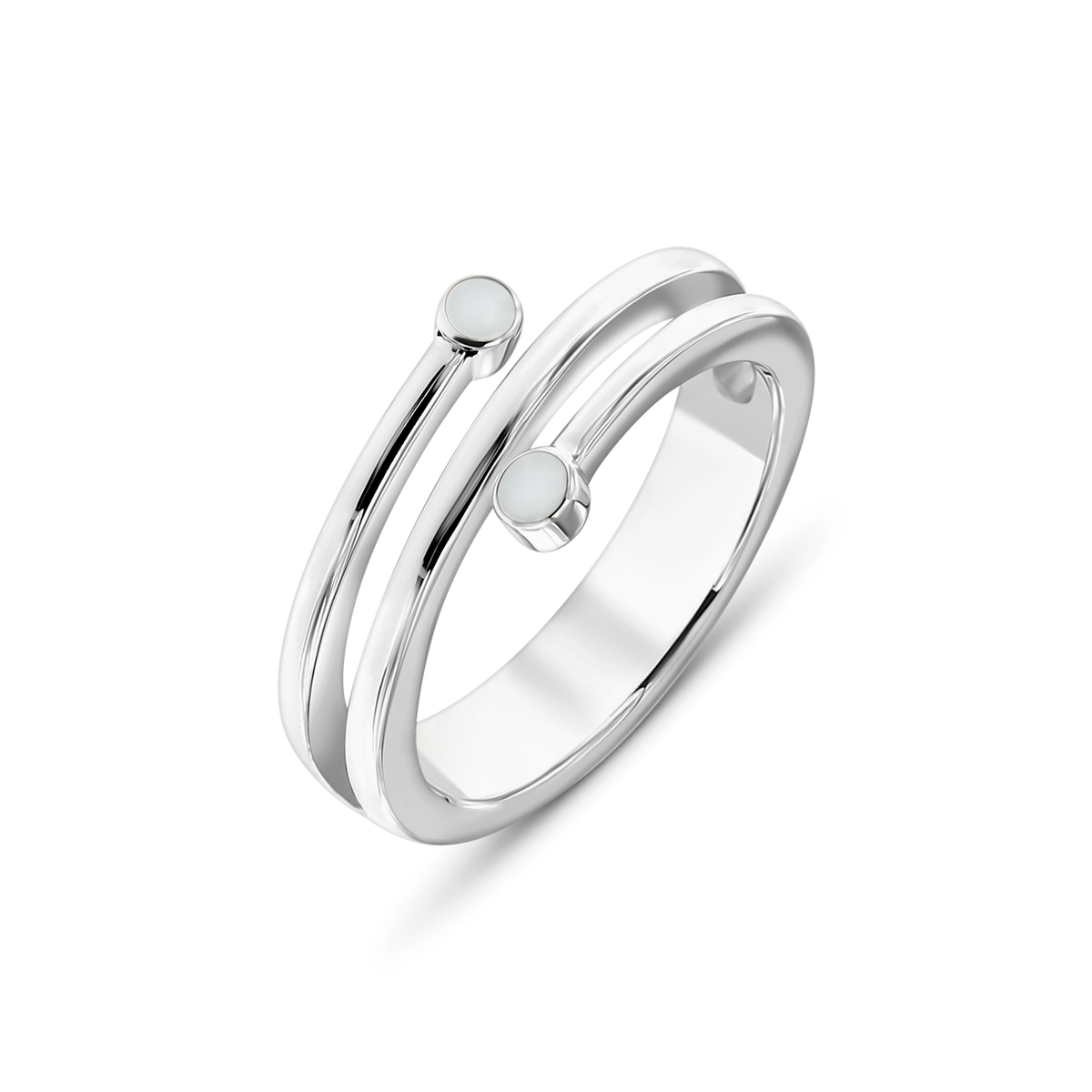 Aurore breast milk ring in silver, open spiral band with a round milk stone at each end