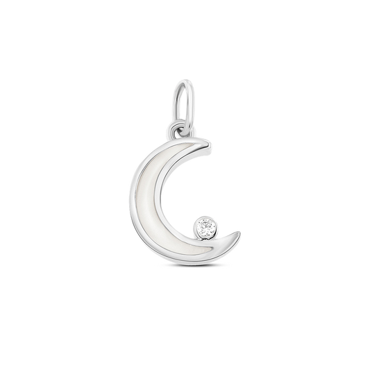 Silver Ayla crescent moon pendant filled with breast milk, with a clear cubic zirconia at the tip