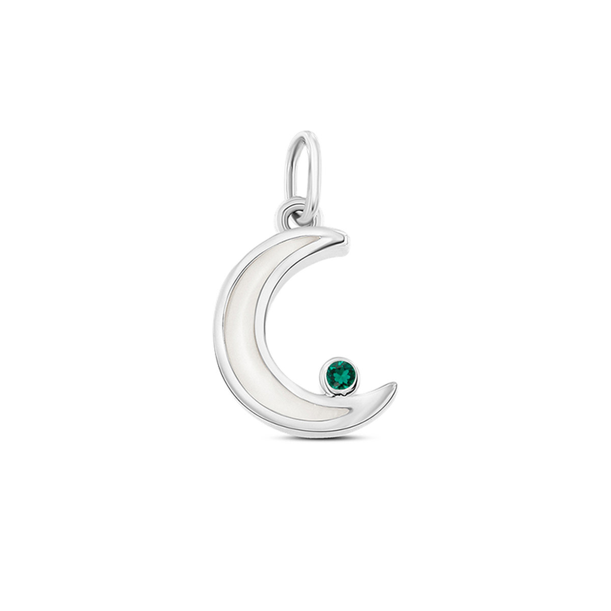 Silver Ayla crescent moon pendant filled with breast milk, with a green emerald (May) at the tip