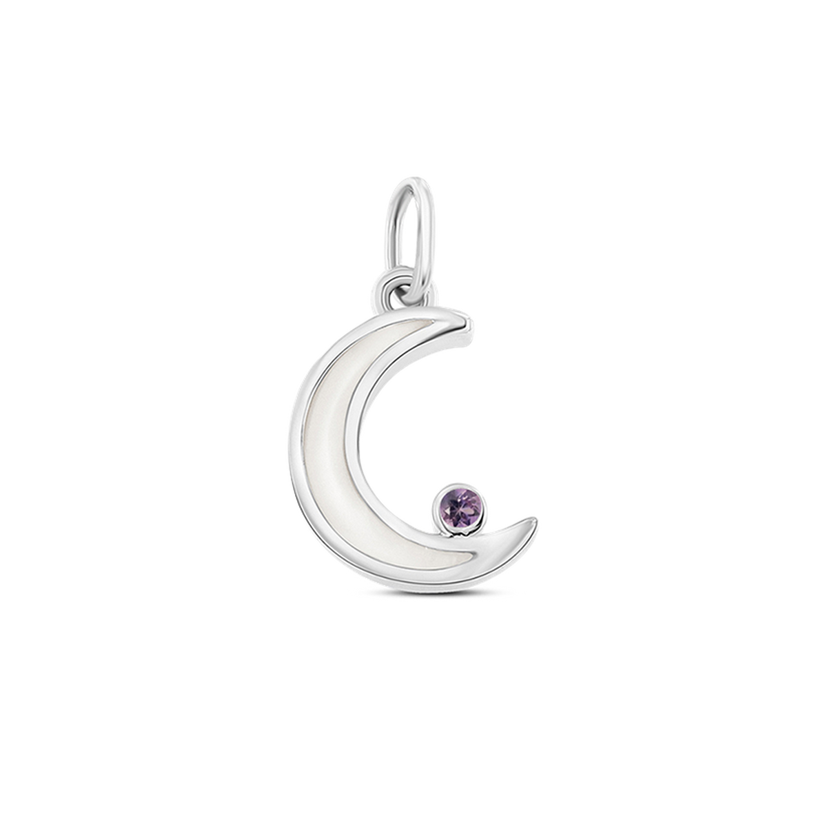 Silver Ayla crescent moon pendant filled with breast milk, with a purple amethyst (February or June) at the tip