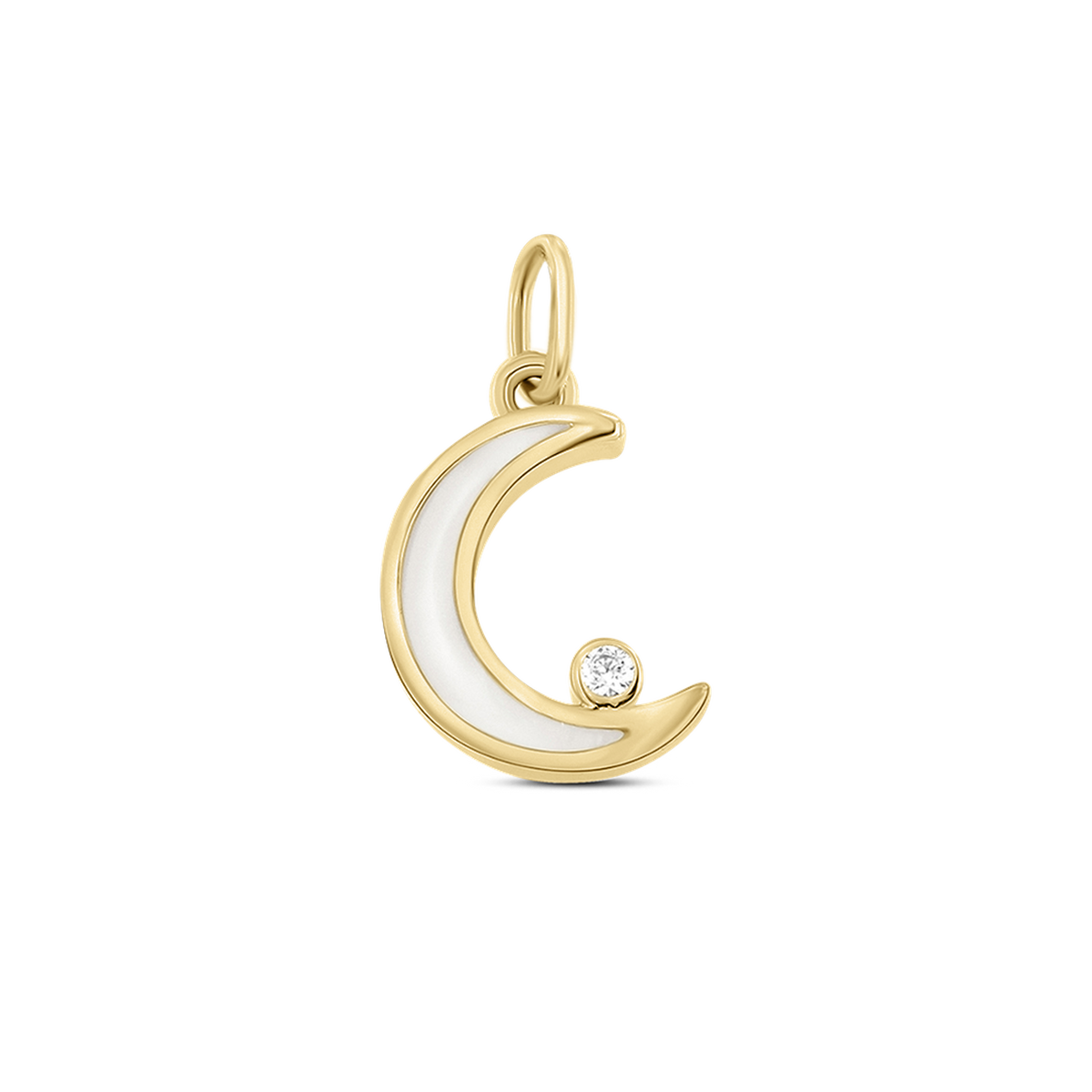 Ayla crescent moon pendant in yellow gold filled with breast milk, with a clear cubic zirconia at the tip