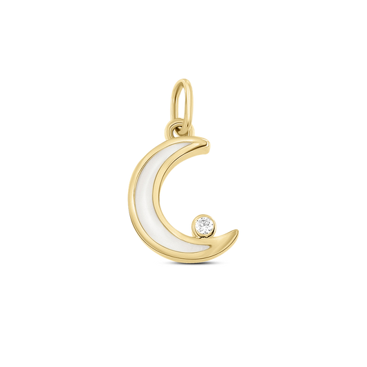 Ayla crescent moon pendant in yellow gold filled with breast milk, with a clear cubic zirconia at the tip
