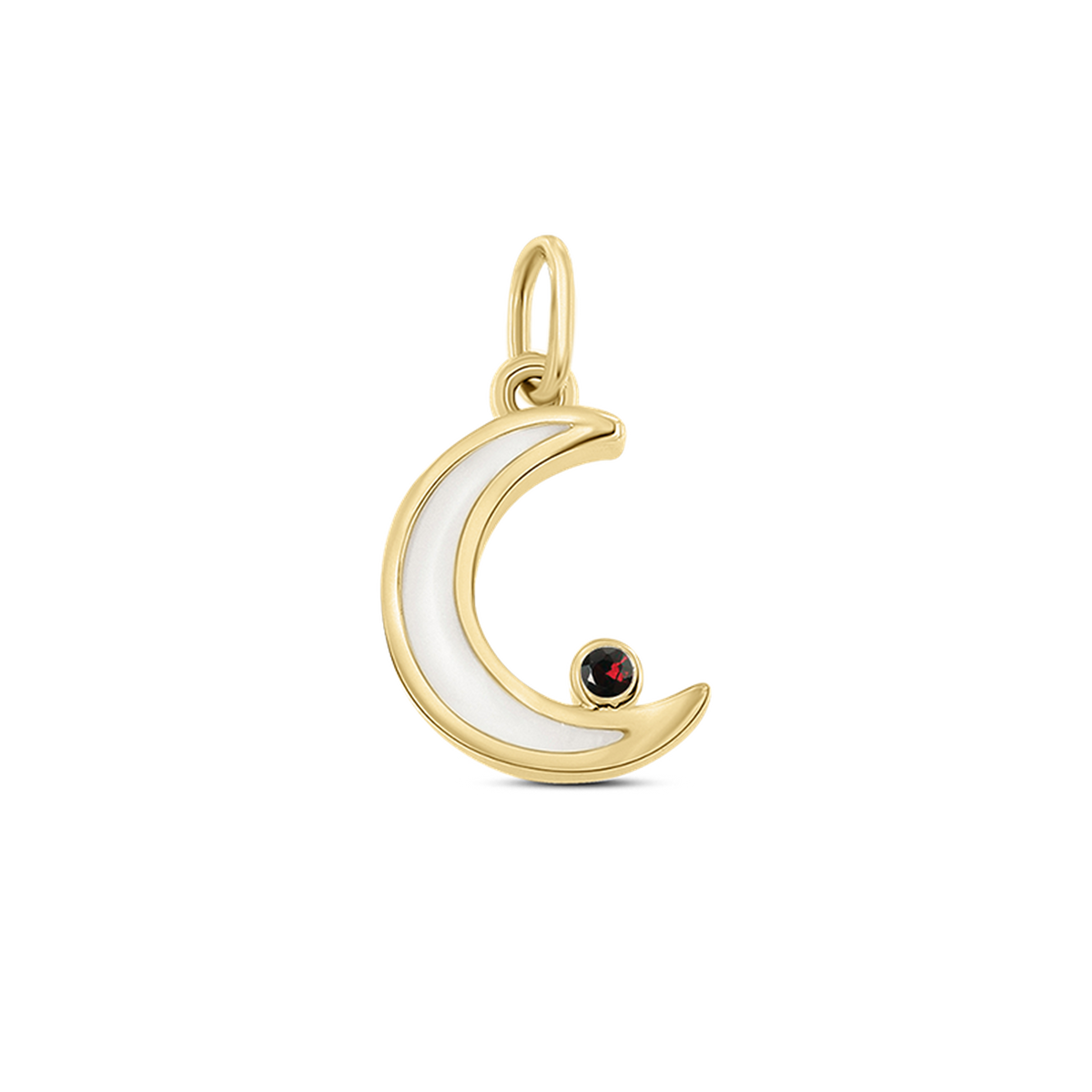 Ayla crescent moon pendant in yellow gold filled with breast milk, with a dark red garnet (January) at the tip