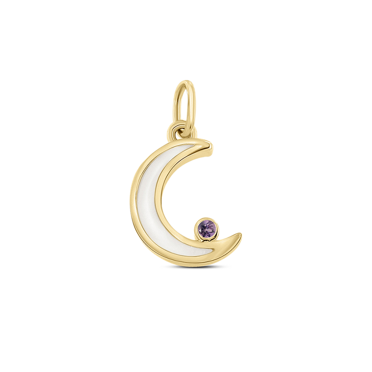 Ayla crescent moon pendant in yellow gold filled with breast milk, with a purple amethyst (February) at the tip