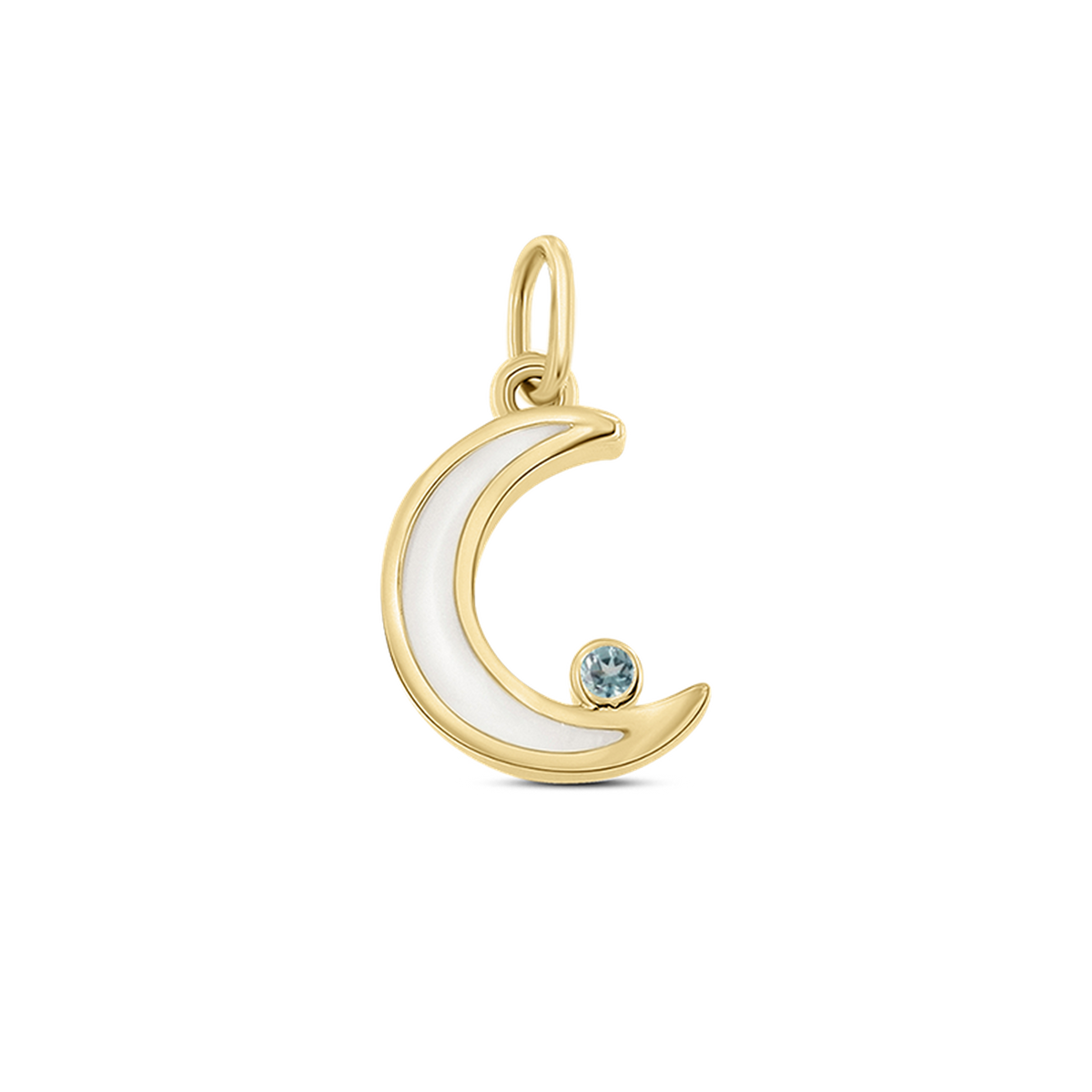 Ayla crescent moon pendant in yellow gold filled with breast milk, with a light blue aquamarine (March) at the tip