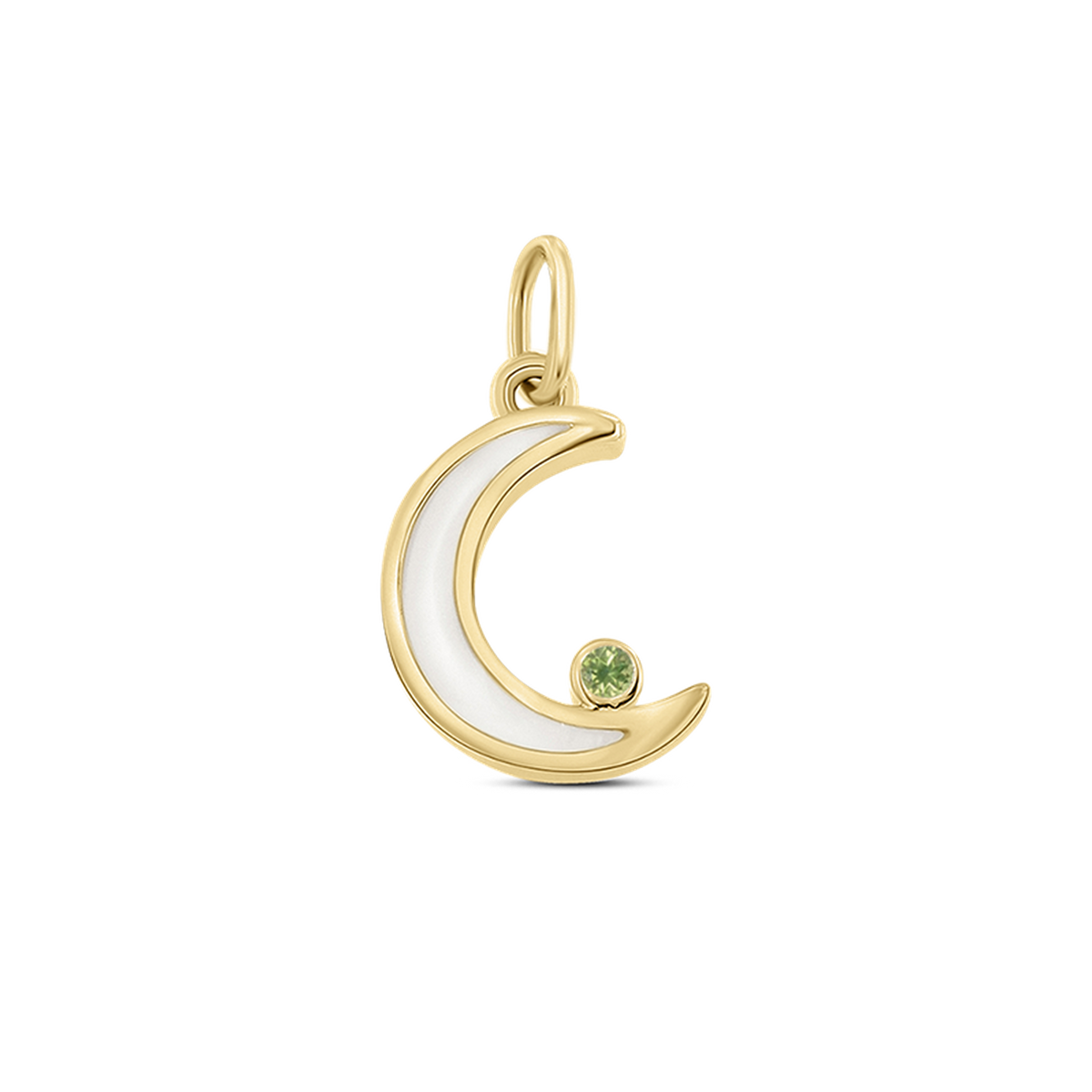 Ayla crescent moon pendant in yellow gold filled with breast milk, with a light green peridot (August) at the tip
