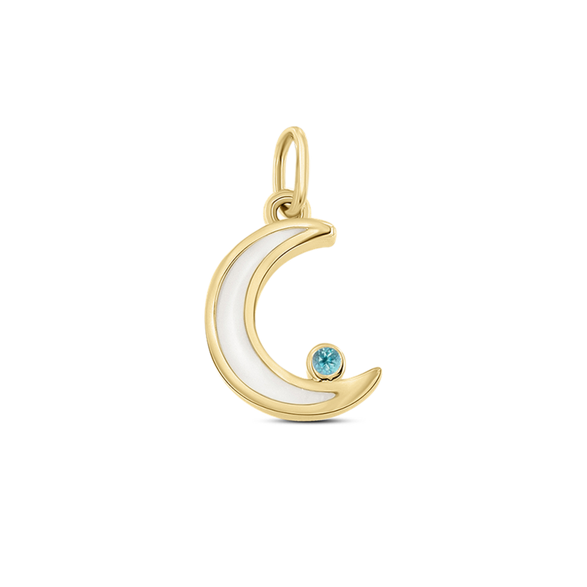 Ayla crescent moon pendant in yellow gold filled with breast milk, with a bright blue topaz (December) at the tip