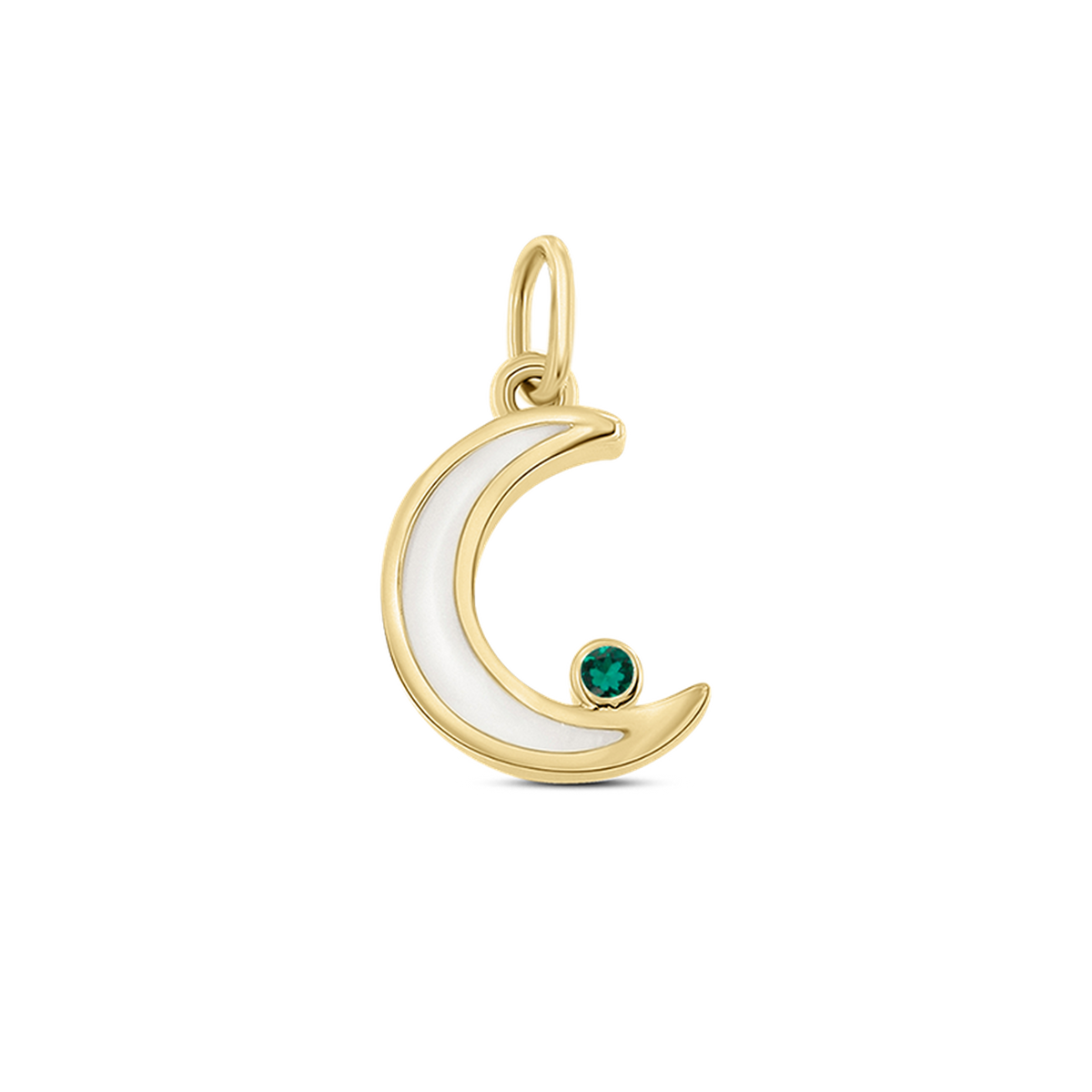 Ayla crescent moon pendant in yellow gold filled with breast milk, with a green emerald (May) at the tip