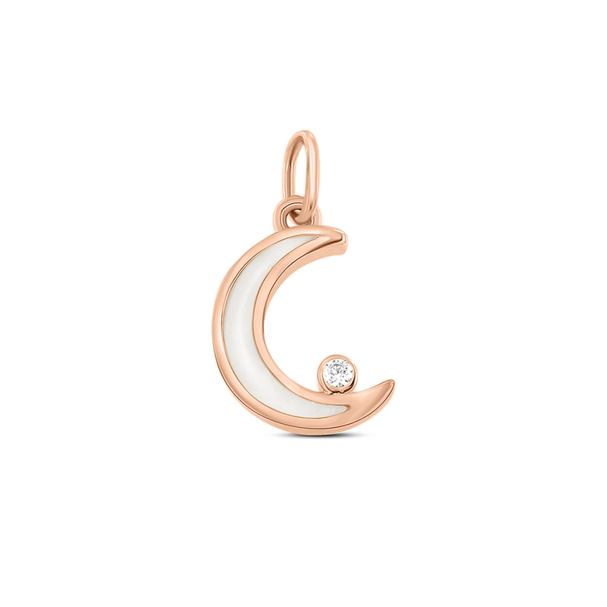 Ayla crescent moon pendant in rose gold filled with breast milk, with a clear cubic zirconia at the tip