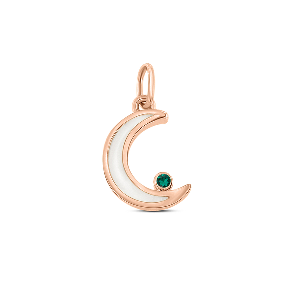 Ayla crescent moon pendant in rose gold filled with breast milk, with a green emerald (May) at the tip