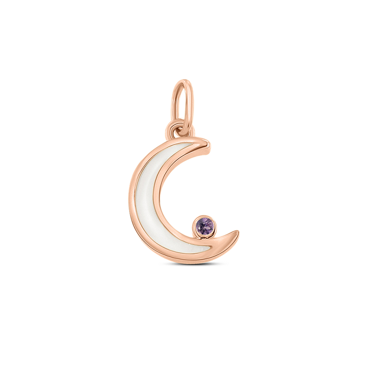Ayla crescent moon pendant in rose gold filled with breast milk, with a purple amethyst (June) at the tip
