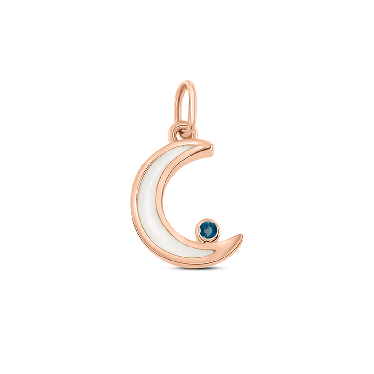 Ayla crescent moon pendant in rose gold filled with breast milk, with a dark blue sapphire (September) at the tip
