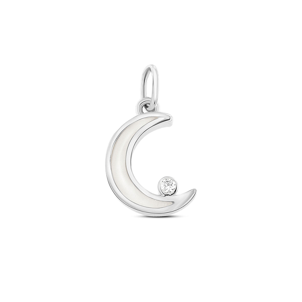Ayla crescent moon pendant in white gold filled with breast milk, with a clear cubic zirconia at the tip
