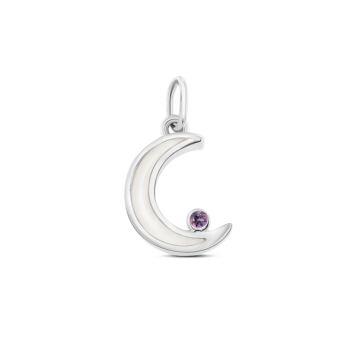 Ayla crescent moon pendant in white gold filled with breast milk, with a purple amethyst (February) at the tip