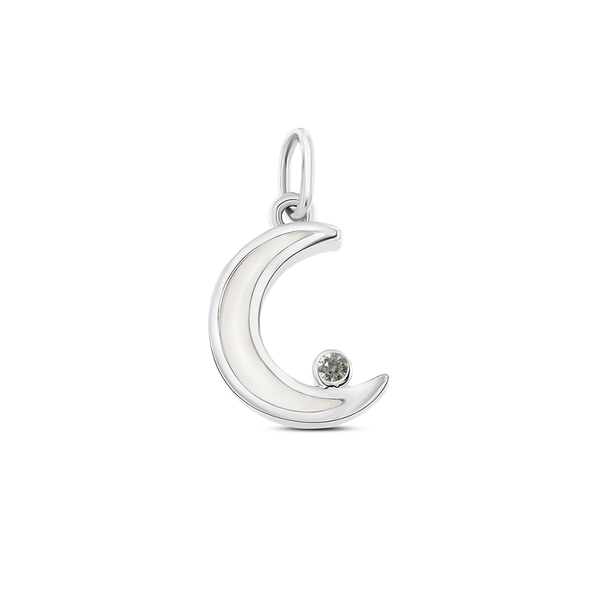 Ayla crescent moon pendant in white gold filled with breast milk, with a clear lab-grown diamond (April) at the tip