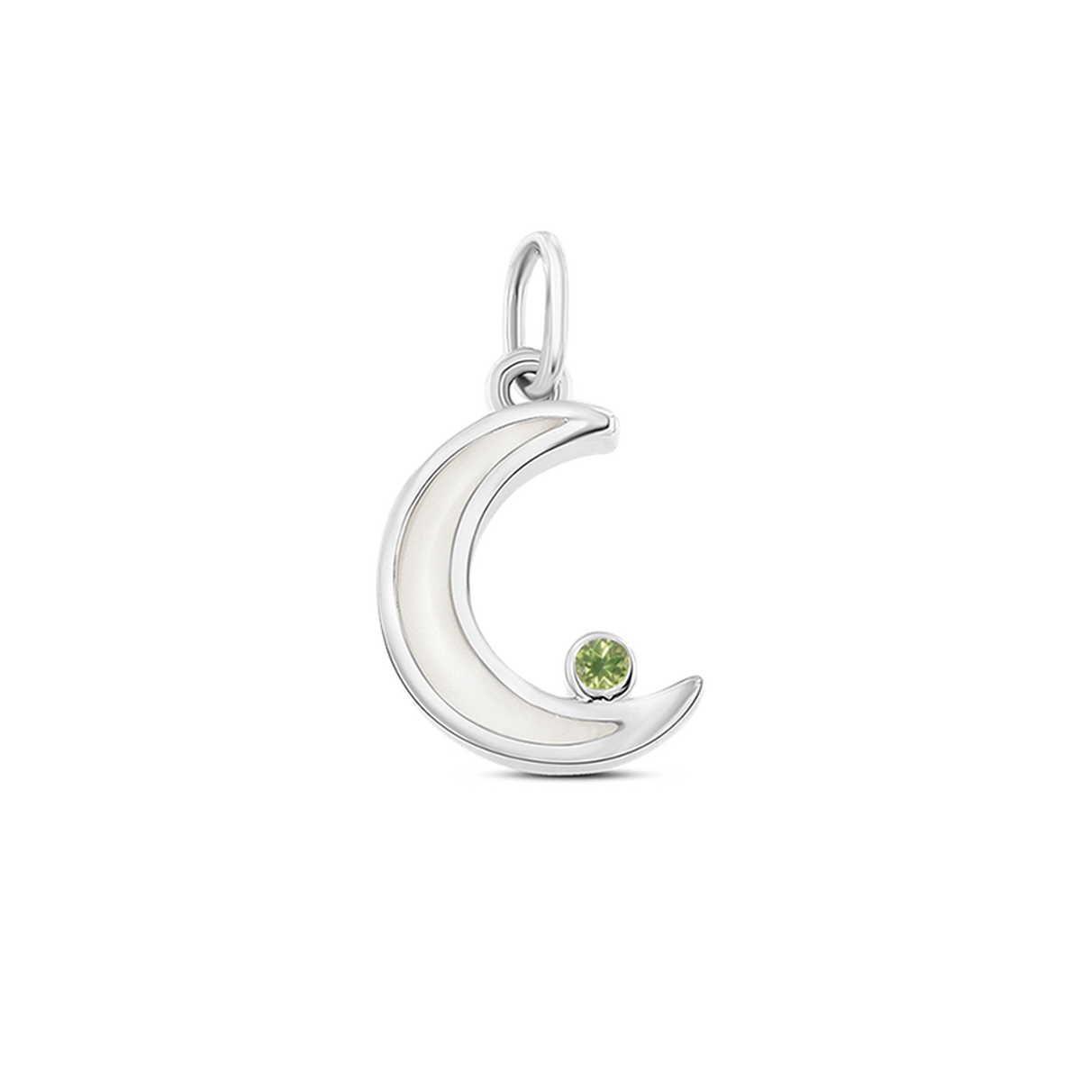 Ayla crescent moon pendant in white gold filled with breast milk, with a light green peridot (August) at the tip