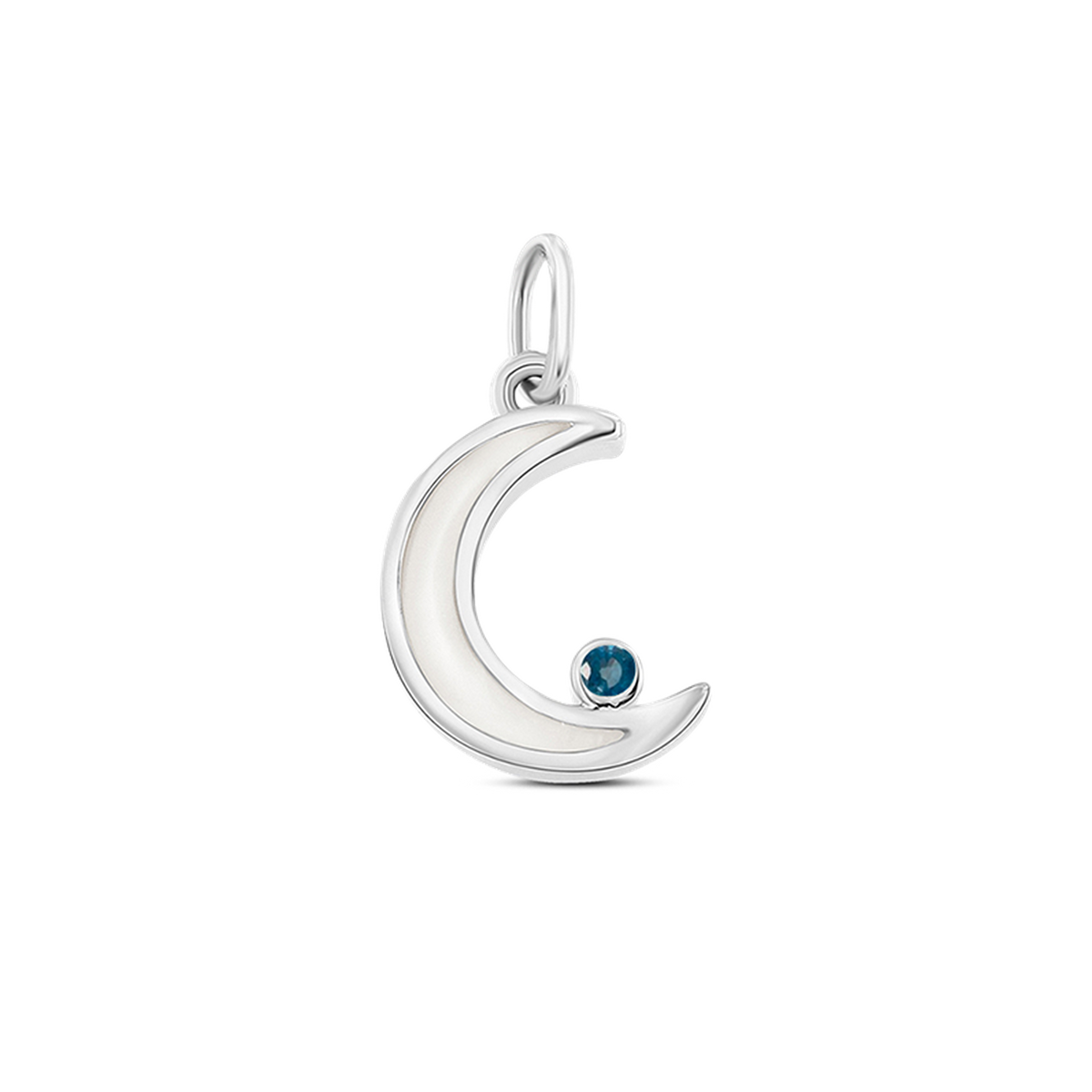 Ayla crescent moon pendant in white gold filled with breast milk, with a dark blue sapphire (September) at the tip