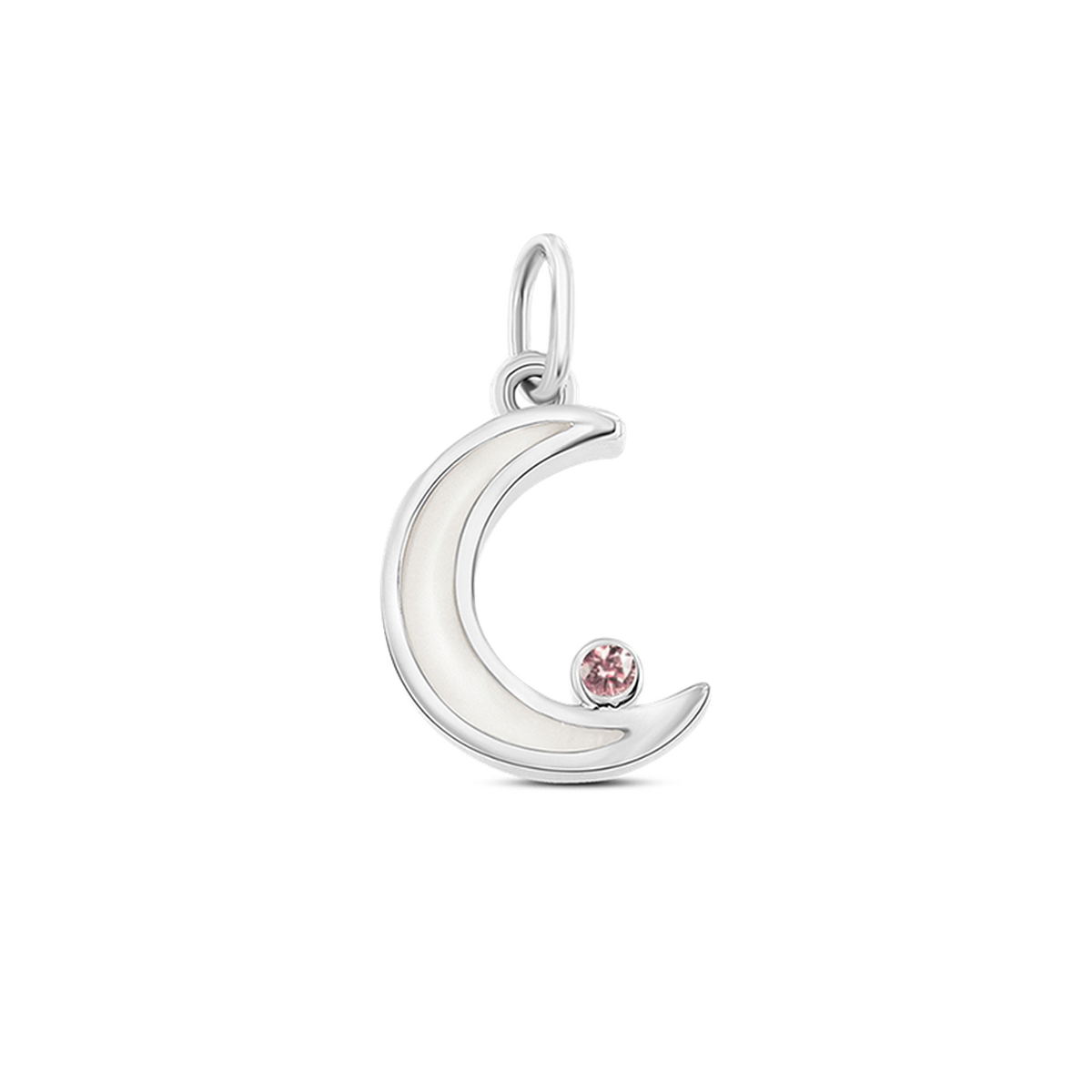 Ayla crescent moon pendant in white gold filled with breast milk, with a pale pink morganite (October) at the tip