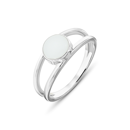 Bea breast milk ring in silver, two bands joining at a round milk stone