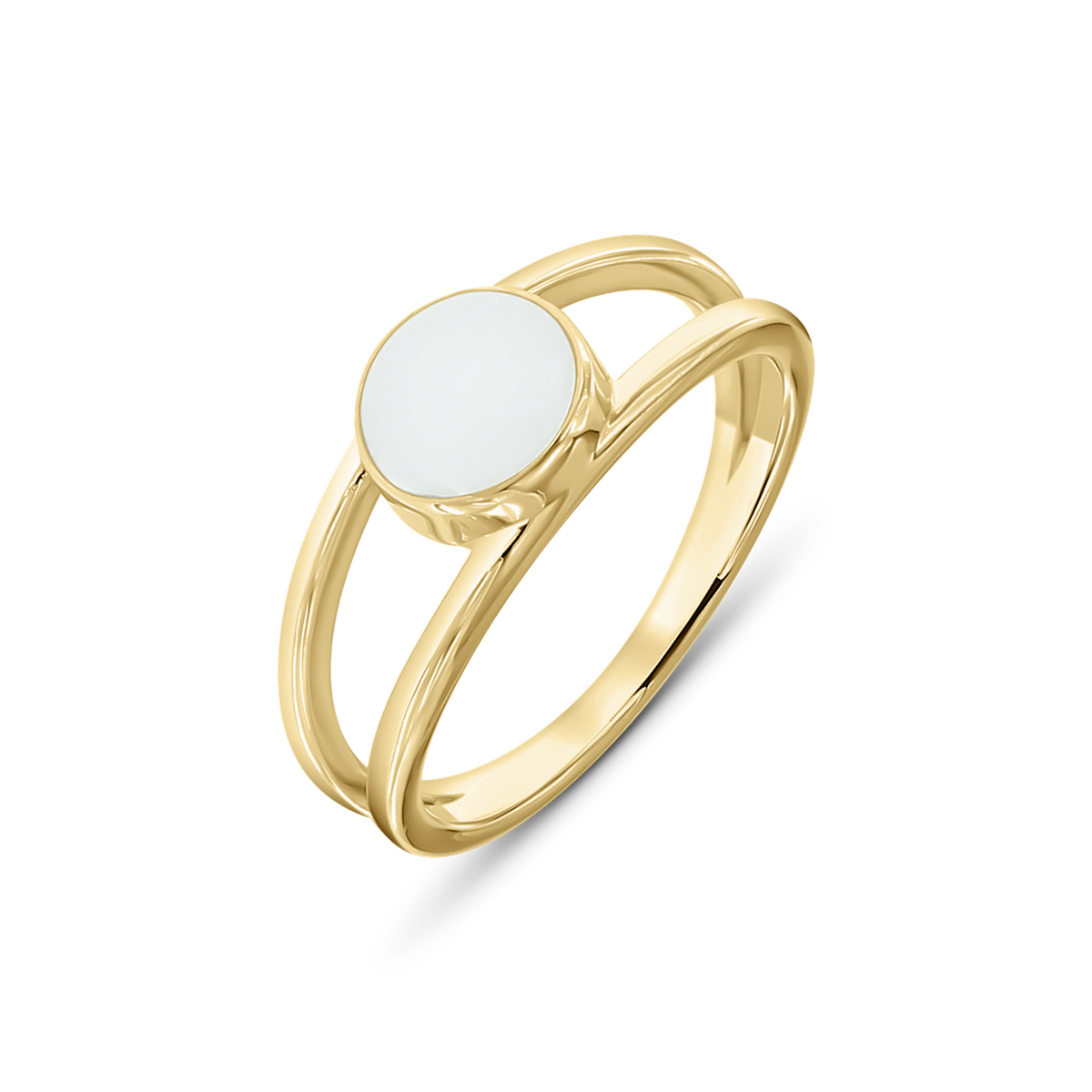 Bea breast milk ring in yellow gold, two bands joining at a round milk stone