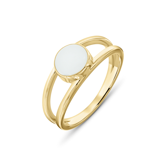 Bea breast milk ring in yellow gold, two bands joining at a round milk stone