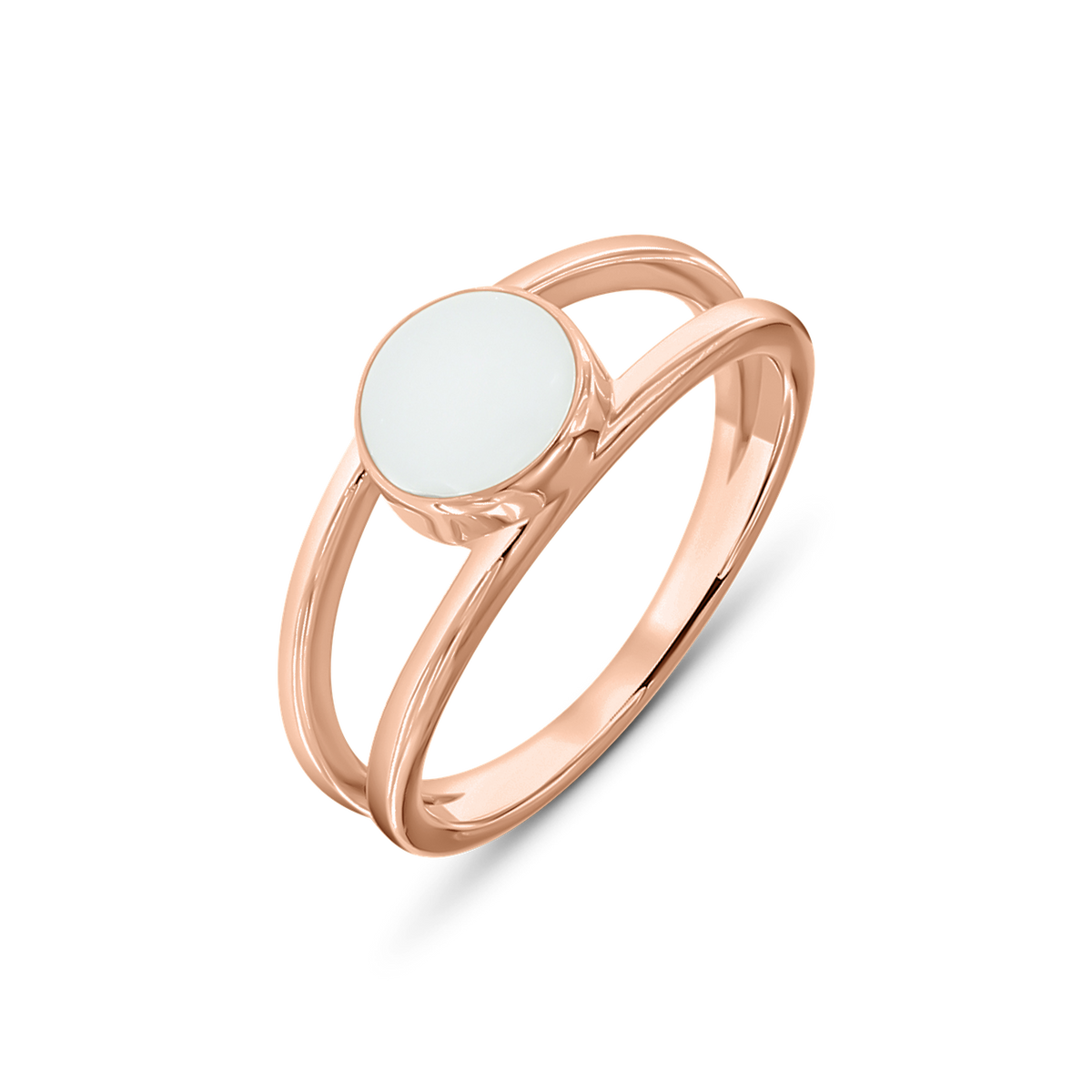 Bea breast milk ring in rose gold, two bands joining at a round milk stone