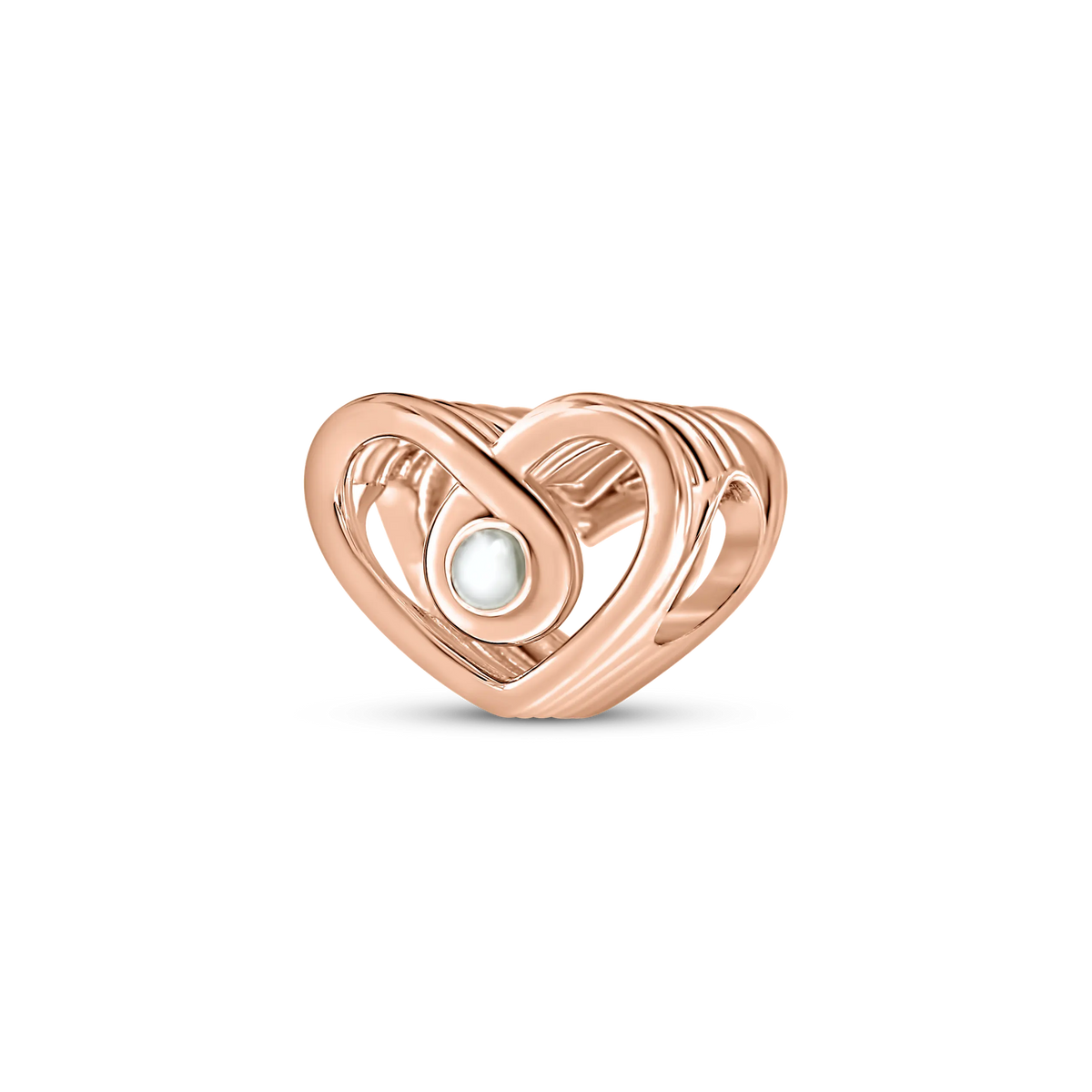 Bente rose gold breast milk charm, open heart in one looping line with a small round milk stone