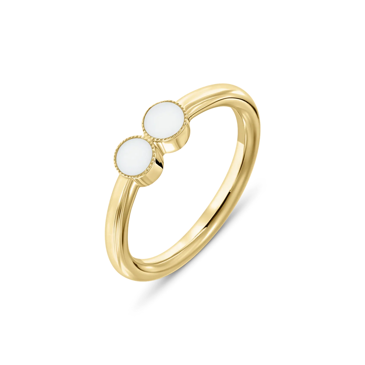 Bo breast milk ring in yellow gold with two touching round milk stones in beaded settings