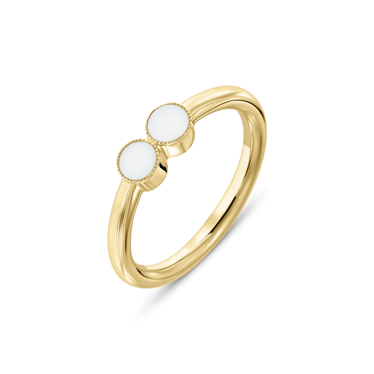 Bo breast milk ring in yellow gold with two touching round milk stones in beaded settings