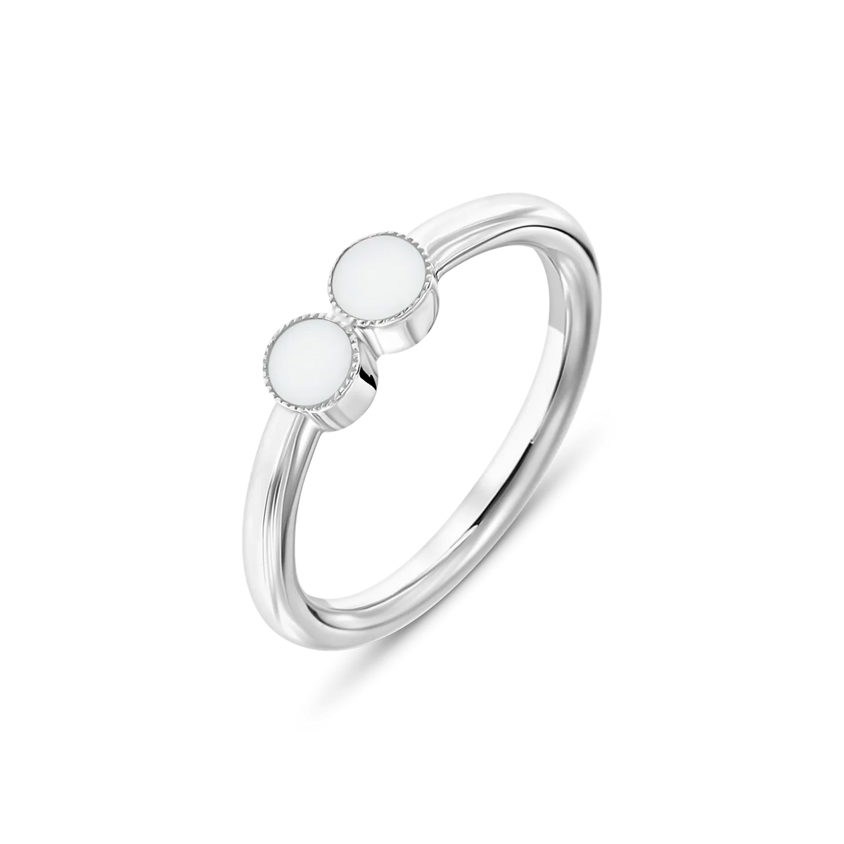 Bo breast milk ring in white gold with two touching round milk stones in beaded settings