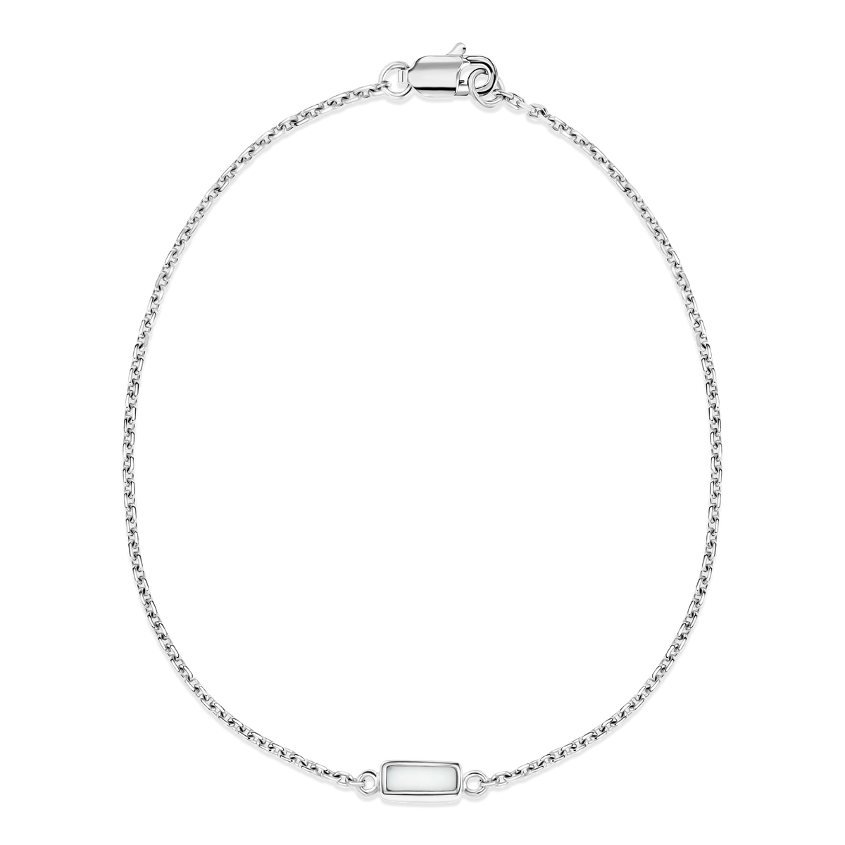 Britt silver breast milk bracelet with small rectangular milk stone set in a fine cable chain