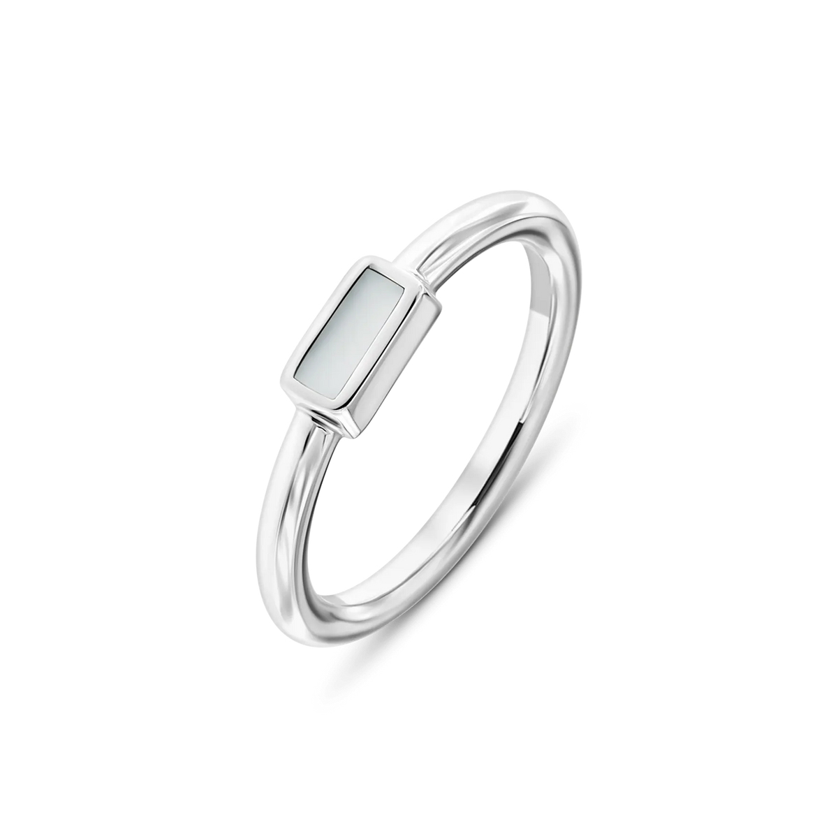 Britt breast milk ring in silver with a rectangular milk stone on a thin band