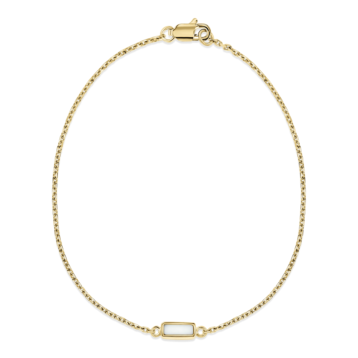 Britt yellow gold breast milk bracelet with small rectangular milk stone set in a fine cable chain