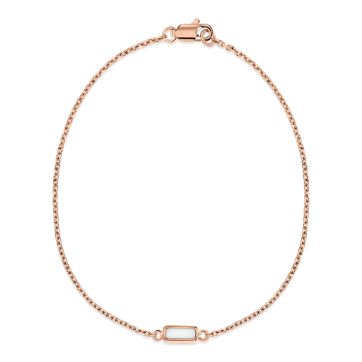 Britt rose gold breast milk bracelet with small rectangular milk stone set in a fine cable chain