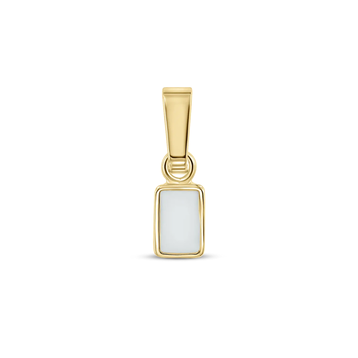 Britt pendant in yellow gold: a small rectangular breast milk stone in a thin bezel with a tapered bail