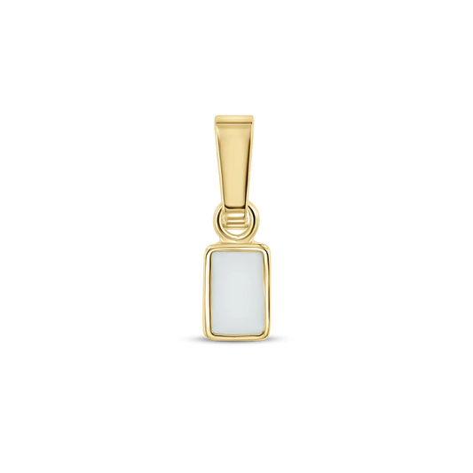 Britt pendant in yellow gold: a small rectangular breast milk stone in a thin bezel with a tapered bail