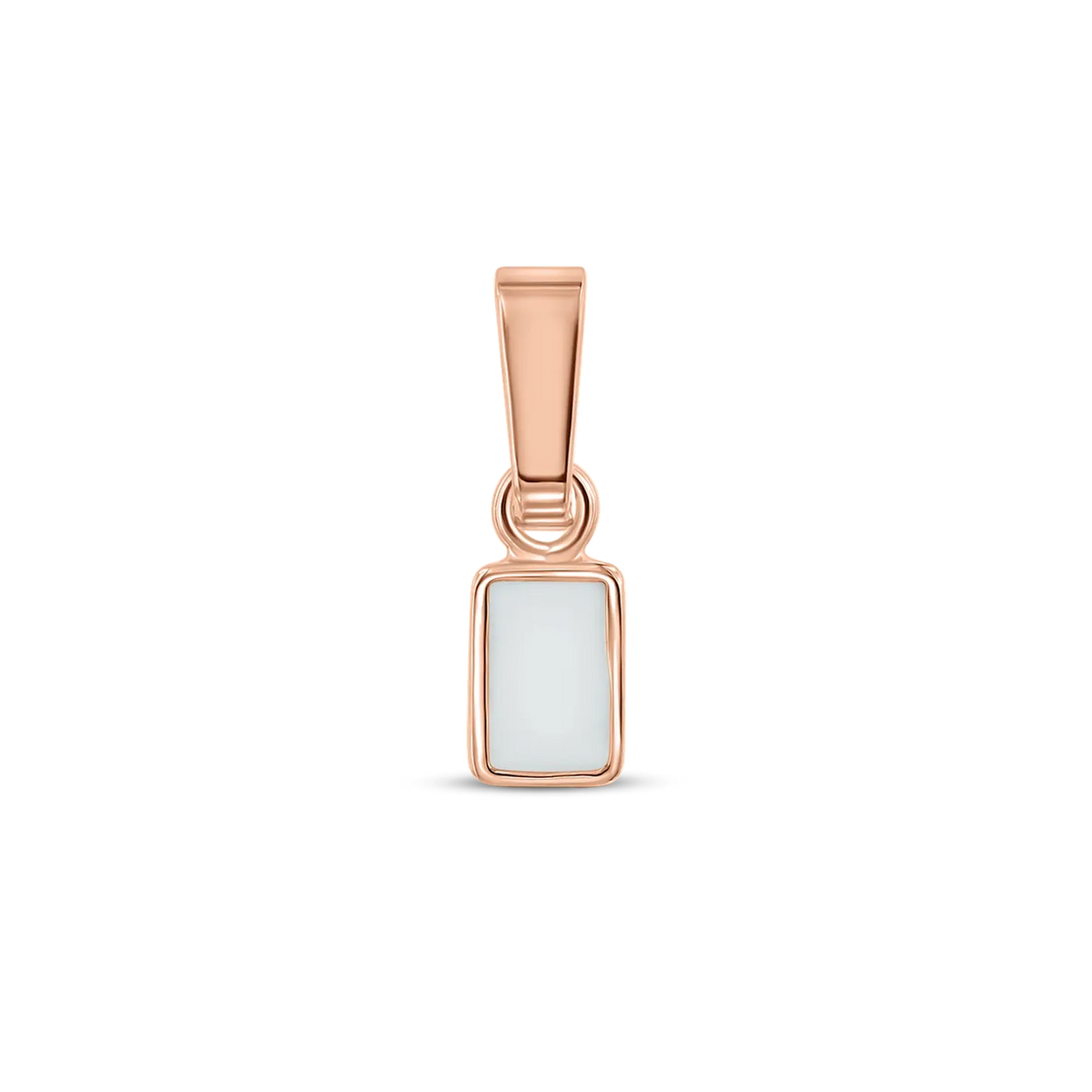 Britt pendant in rose gold: a small rectangular breast milk stone in a thin bezel with a tapered bail