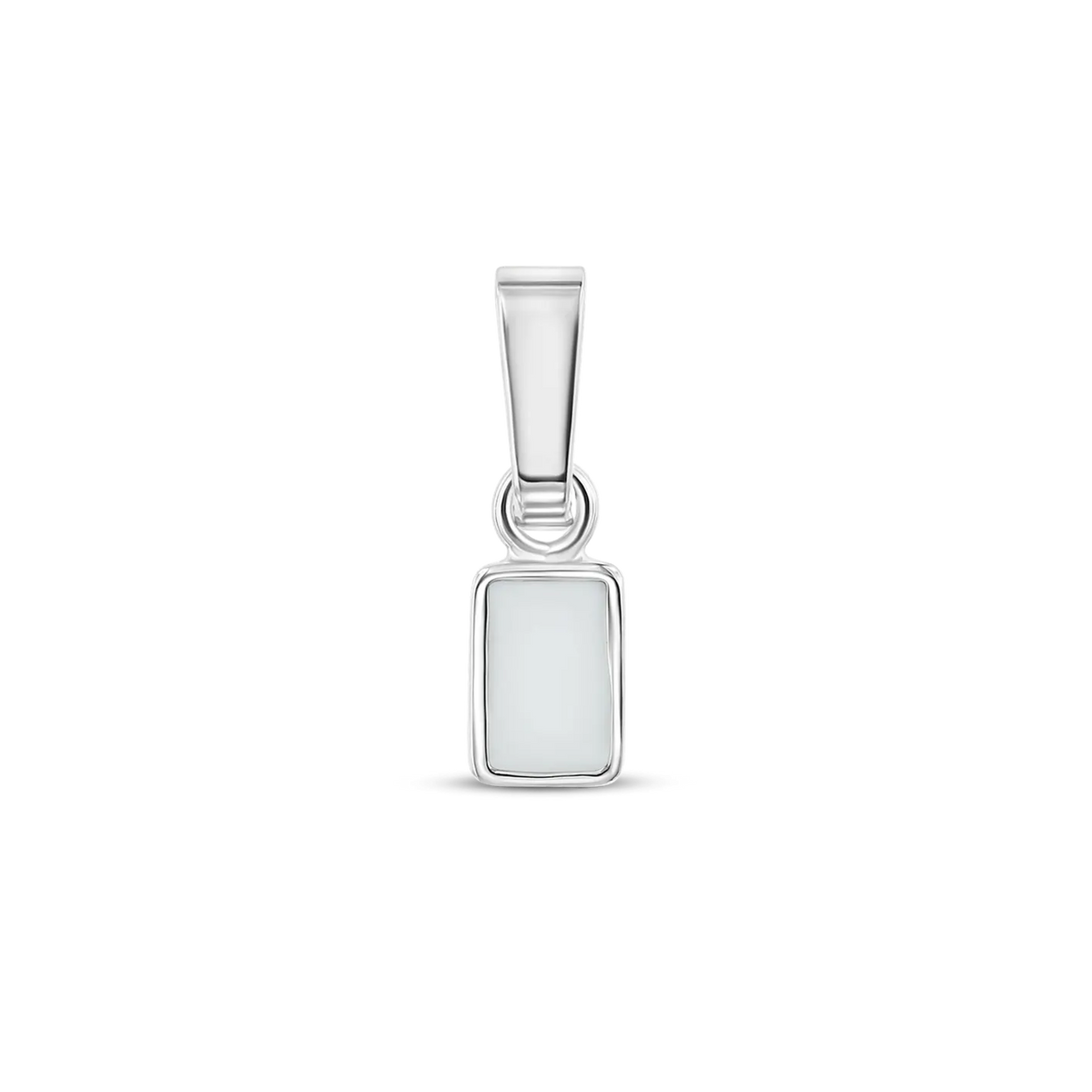 Britt pendant in white gold: a small rectangular breast milk stone in a thin bezel with a tapered bail